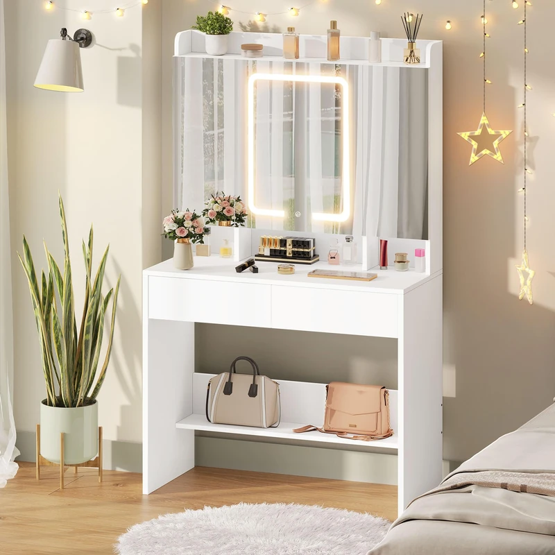 YITAHOME Dressing Table with Tri-Fold Mirror & LED Lights, Makeup Desk with Drawers, Adjustable Shelves & Jewellery Organiser, Anti-Tipping Design, Modern Bedroom Furniture, White