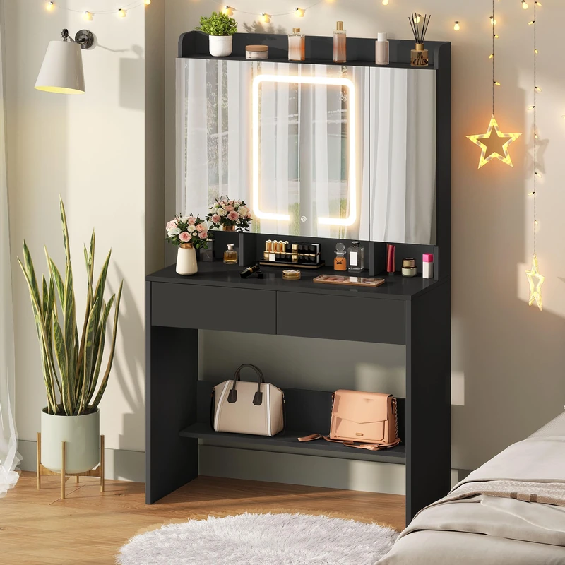 YITAHOME Dressing Table with Mirror & LED Lights, 3-Mirror Makeup Vanity Desk with Jewelry Storage Cubbies, 3 Lighting Modes Vanity Table with Bottom Shelf for Bedroom Dressing Room, Black