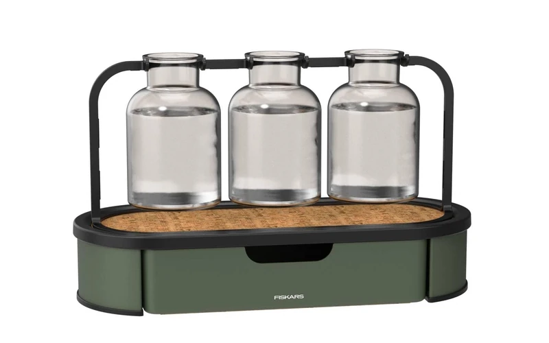 Fiskars Urban Plant Care 1080912 Propagation Station, Holds up to 3 Cuttings, 3 Glass Jars and Metal Stand with Storage Base, Olive Green - Image 1