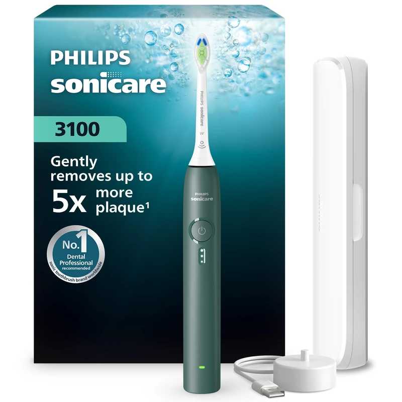 Philips Sonicare 3000 Series Electric Toothbrush - Sonic Toothbrush with Pressure Sensor, 3 Intensity Levels, EasyStart, SmarTimer, 14-Day Runtime, Travel Case, Forest Green, HX4033/26, [New]
