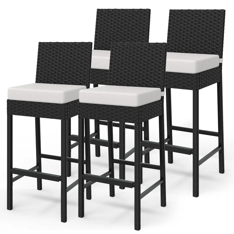 Rattan Outdoor Bar Stools - Set of 2 with Soft Cushion, Ergonomic Footstool, No Armrest, Counter Height, Ideal for Patio, Garden, Pool, Yard, Perfect for Living Room