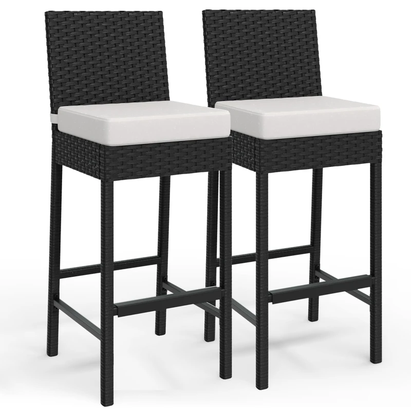 Rattan Outdoor Bar Stools - Set of 2 with Soft Cushion, Ergonomic Footstool, No Armrest, Counter Height, Ideal for Patio, Garden, Pool, Yard, Perfect for Living Room - Image 1