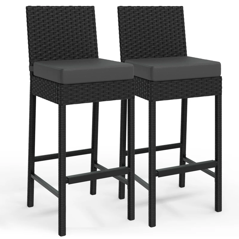 Rattan Outdoor Bar Stools - Set of 2 with Soft Cushion, Ergonomic Footstool, No Armrest, Counter Height, Ideal for Patio, Garden, Pool, Yard, Perfect for Living Room - Image 1