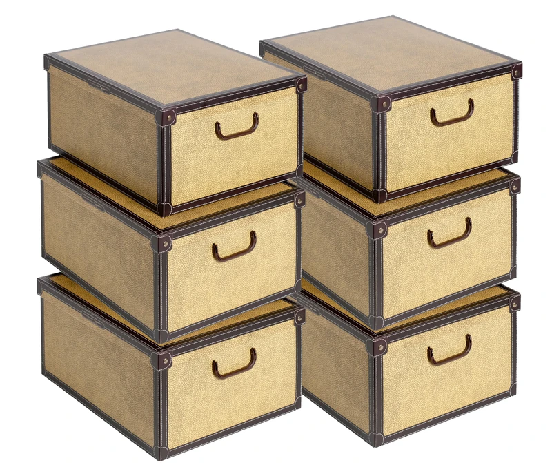 Lavatelli Set of 6 Brown Storage Boxes with Lids & Handles, Cardboard Wardrobe Organisers for Clothes, Stackable Storage Bins 40x50x25 cm - Image 1