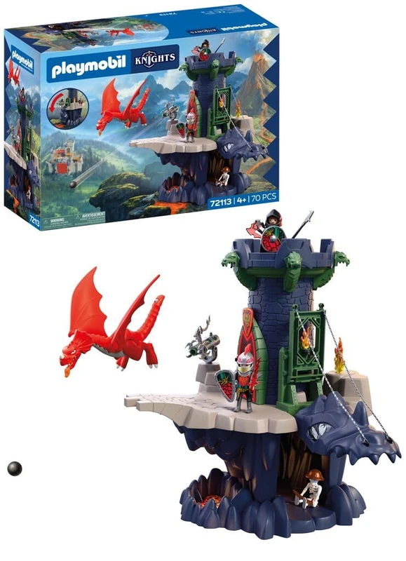 Playmobil | Knights | Dragon Knights Tower | Tower with Dragon, Drawbridge & Dragon’s Head Cave | Knights Castle Toy for Children Aged 4+ | 72113