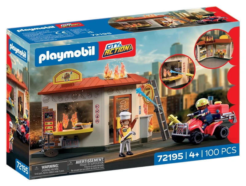 Playmobil | City Action | Fire Quad with Burger Stand | Compact Emergency Quad with Water Spray Function, Burning Snack Stand & Plenty of Accessories | For Children Aged 4+ | 72195