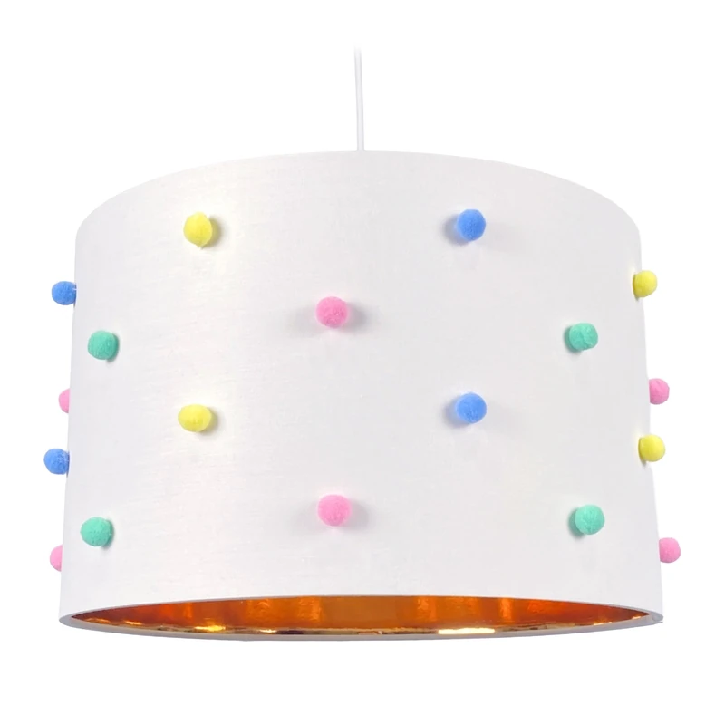 Relaxdays Children's Pendant Lamp with Pom-Poms, 125x35 cm, Hanging Light for Girls & Boys, White/Multicoloured