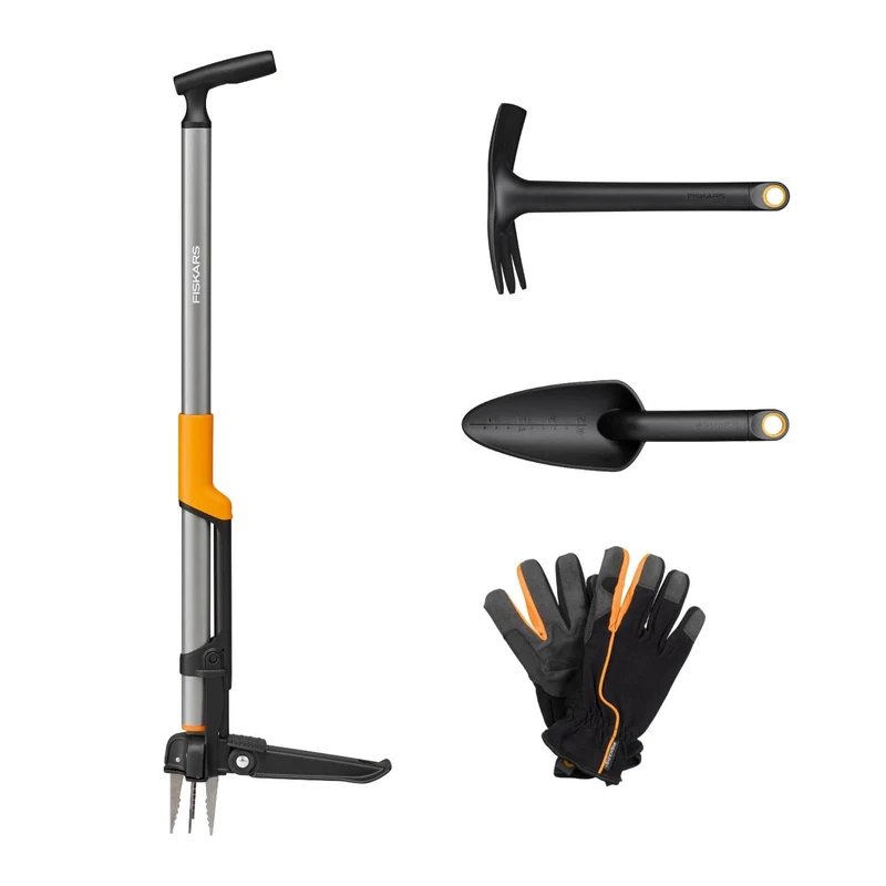 Fiskars Ergonomic Weed Puller + Hoe + Trowel + Garden Gloves eCom