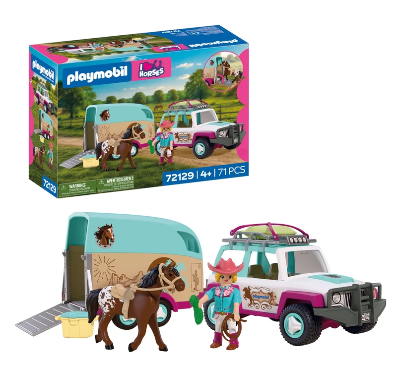 Playmobil | I Love Horses | Off-Road Vehicle with Horse Trailer | Transport set with rider, horse, accessories and movable ramp | For children aged 4 and up | 72129