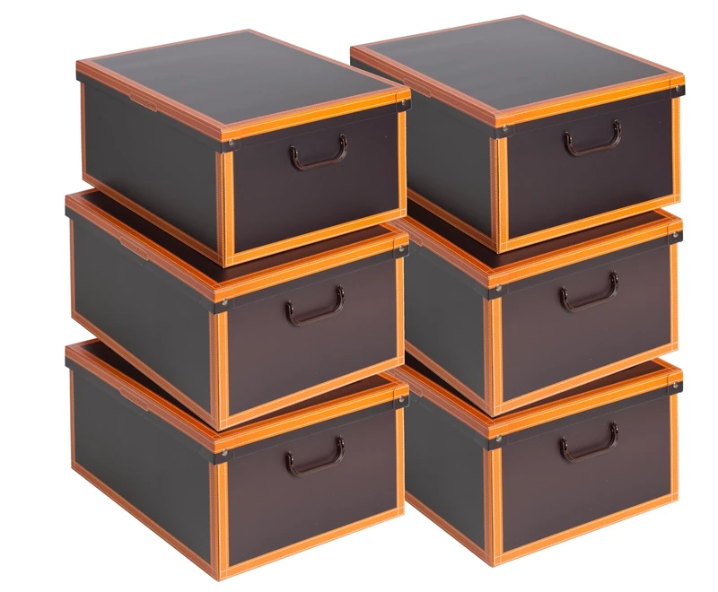 Lavatelli Set of 6 Storage Boxes Leather Effect with Lids & Handles, Cardboard Wardrobe Organisers for Clothes, Stackable Storage Bins 40x50x25 cm - Image 1