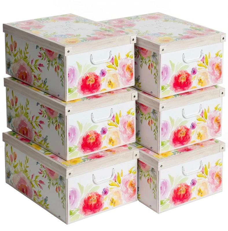 Lavatelli Set of 6 Storage Boxes Sweet Home Print with Lids & Handles, Cardboard Wardrobe Organisers for Clothes, Stackable Storage Bins 39x50x24 cm