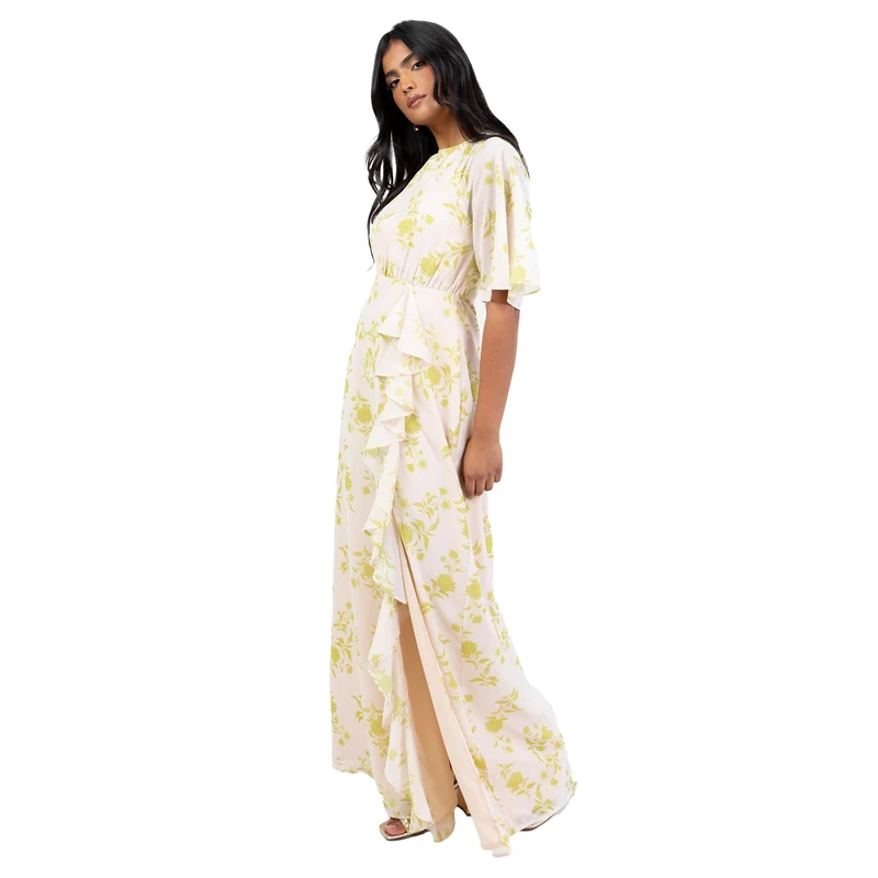 Anaya with Love Women's Maxi Dress Recycled Ladies Round Neck Flutter Short Sleeve Self-Tie Keyhole Back Floral Print Ruffle Slit A-line, Chartreuse 20