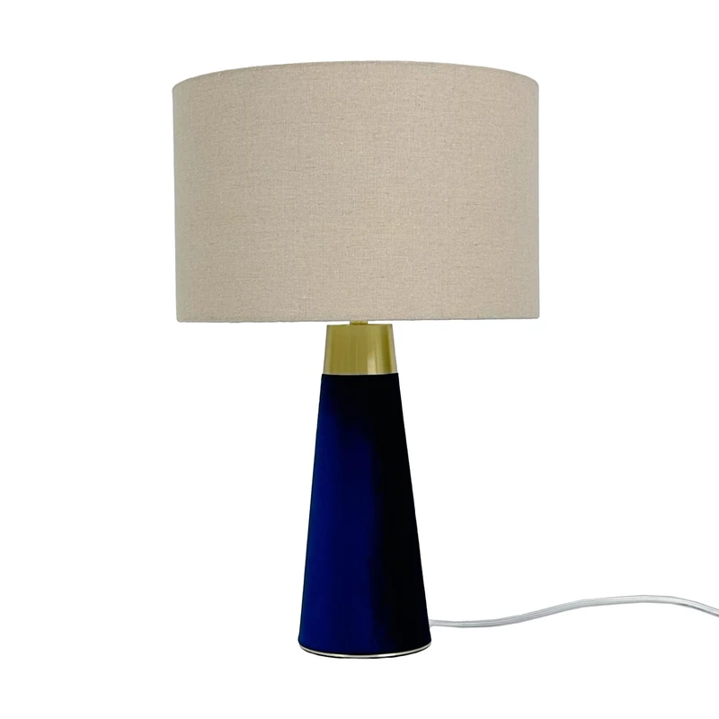 Relaxdays Table Lamp, Linen Shade & Velvet Base, E27, HxD: 47 x 40 cm, Bedside Lamp with Cable, Bedroom, Beige/Blue
