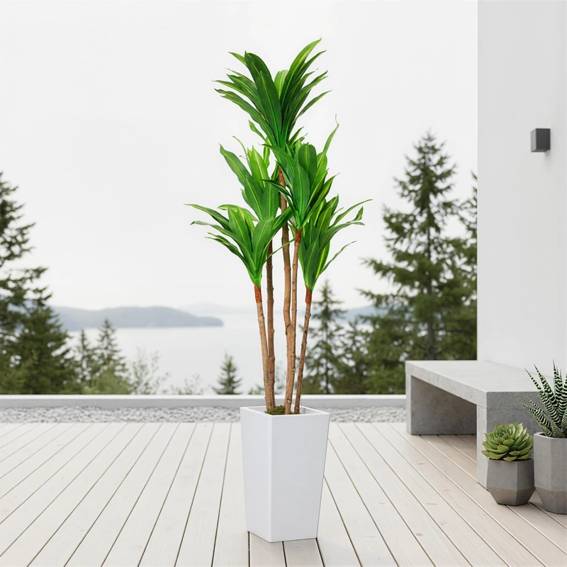 Artificial Plant 4.8FT Faux Dracaena Tree, Fake Potted Yucca Tree with Wood Trunk & White Tall Planter, Indoor Tropical Floor Plant Decorative Evergreen for Living Room Entryway Porch Office