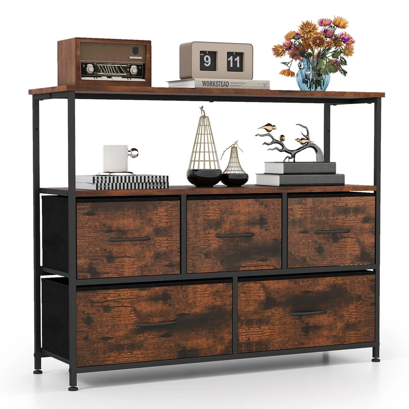 FANTASK Chest of Drawers with Fabric Drawers, 100 × 30 × 80 cm, Storage Shelf with Metal Frame & Open Display, Organiser Furniture, Drawer Cabinet for Hallway, Living Room (Brown) - Image 1