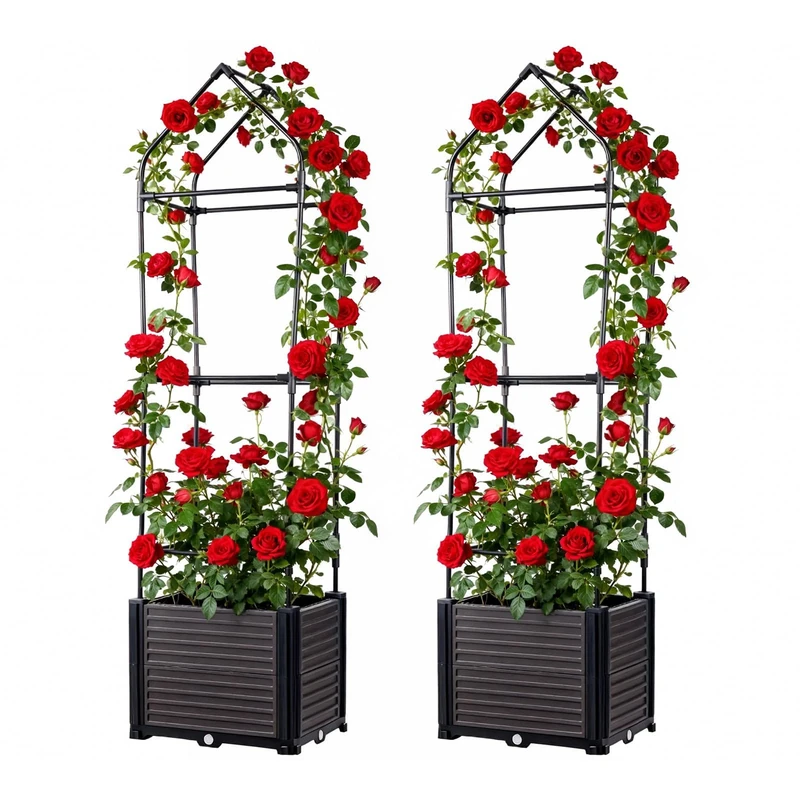Set of 2 Raised Bed Metal & PP for Garden with Trellis Plant Holder, Plant Box, Flower Box, Herb Bed with Self-Watering for Growing Tomatoes, Flowers and Herbs, 40 x 40 x 150 cm