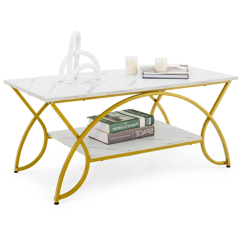 FANTASK Coffee Table Marble Look, 100 x 50 x 45 cm, Living Room Table with Metal Frame and Shelf, Coffee Table, Sofa Table for Living Room (Gold-White) - Image 1
