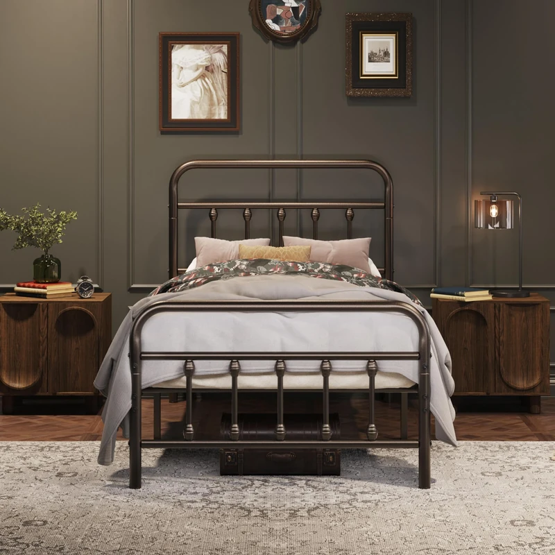 Yaheetech 3ft Single Bed Frame Vintage Iron Platform Bed with High Headboard and Footboard, Strong Metal-Framed Bed with Storage Bronze