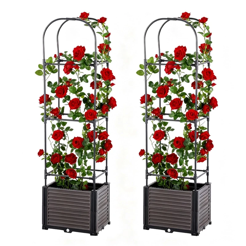 Set of 2 Raised Bed with Trellis, Plant Box Garden Box with Self-Watering, Cold Frame Herb Bed with Grid Trellis for Garden, Climbing Vegetables, Flowers, 40 x 40 x 150 cm - Image 1
