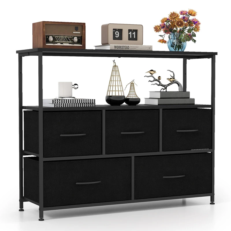 FANTASK Chest of Drawers with Fabric Drawers, 100 × 30 × 80 cm, Storage Shelf with Metal Frame & Open Display, Organiser Furniture, Drawer Cabinet for Hallway, Living Room (Black) - Image 1