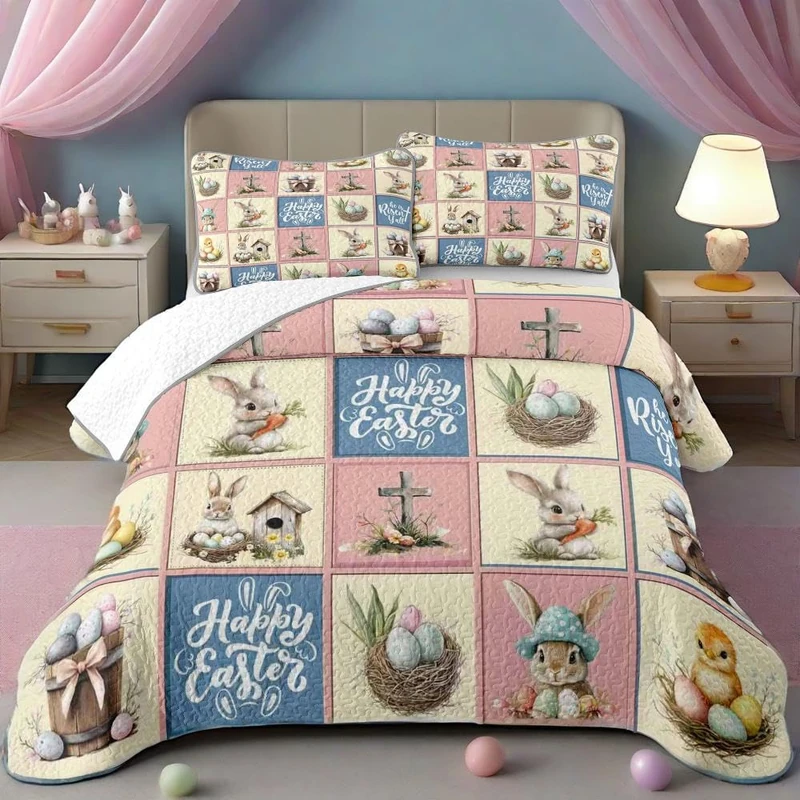 WHWODIDE Happy Easter Patchwork Quilt Set Pink 3 Pcs Bunny Rabbit Eggs Checkered Bedspread Comforter Soft Lightweight Bedding Set Birthday Gift for Home Decor (Easter Pink Blue, Queen)