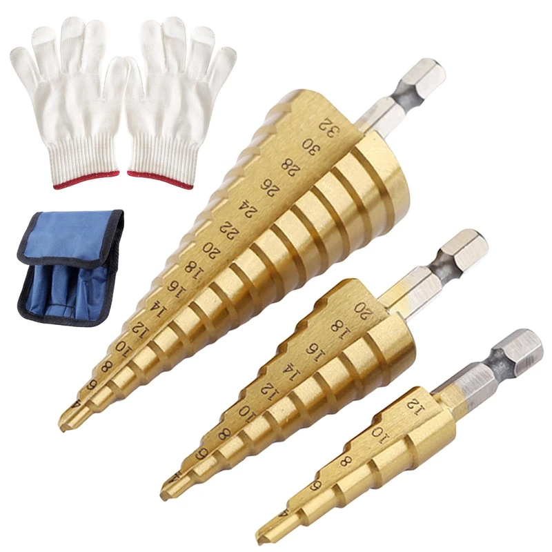 3PCS Step Drill Bit Set 4-12/4-20/4-32mm HSS Titanium Coated Bits