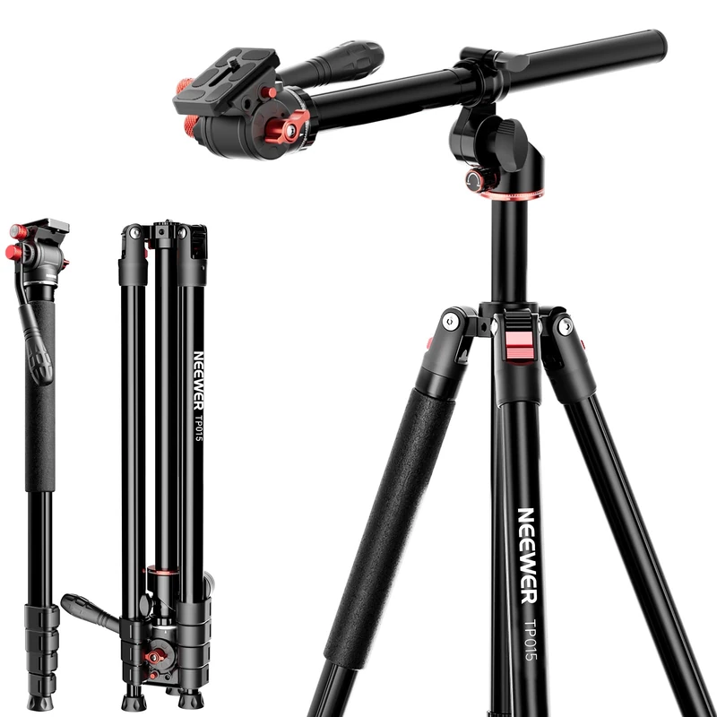 NEEWER BASICS Overhead Camera Tripod Monopod with Fluid Head & Horizontal Center Column, 75.4 Inch Tall Metal DSLR Video Travel Stand, Arca Type QR Plate & Reversible Legs, Max Load 17.6 lb, TP015 - Image 1