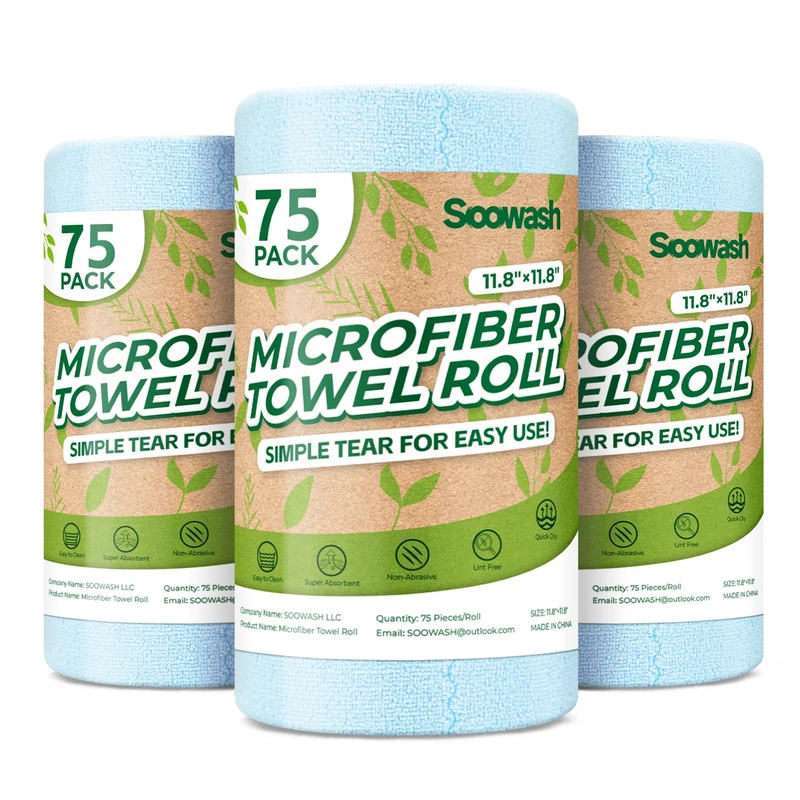 SOOWASH Microfiber Cleaning Cloths Roll 225 Pack 12x12 Inch Lint Free