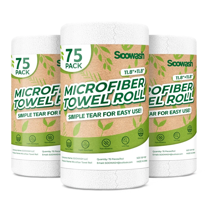 SOOWASH Microfiber Cleaning Cloths Roll 225 Pack 12x12 Inch Lint Free