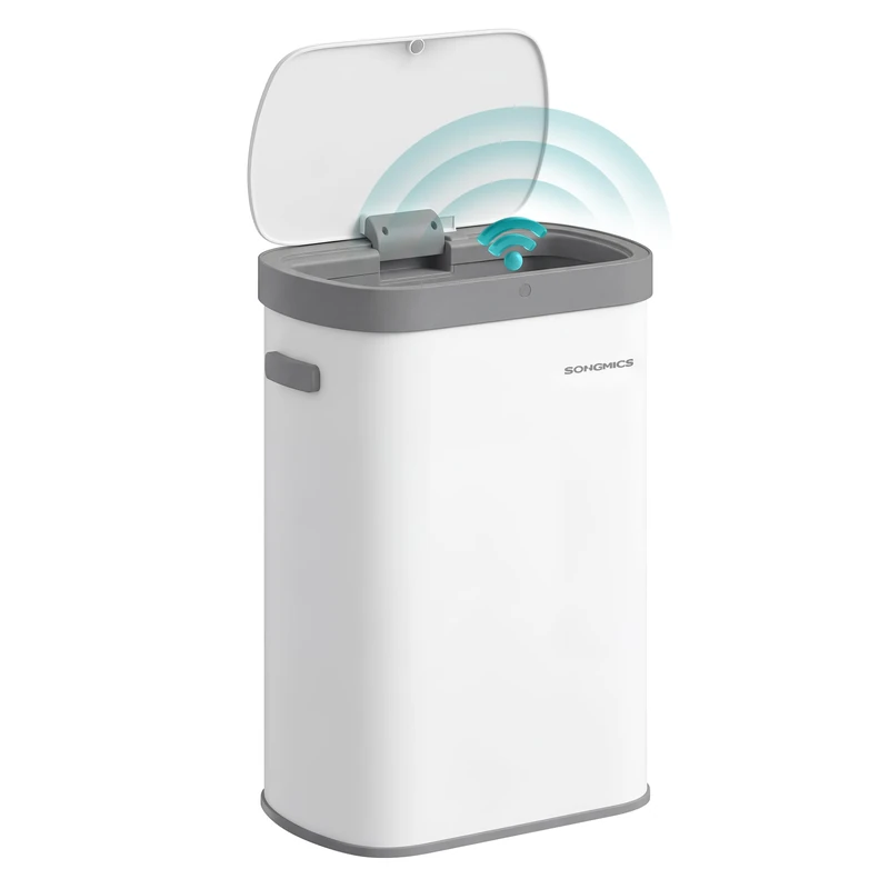 SONGMICS Motion Sensor Kitchen Bin, 13-Gallon (50 L) Automatic Rubbish Bin, Wave or Touch to Open, Soft Close Lid, Steel, Includes 15 Bags, White LTB640WZ02