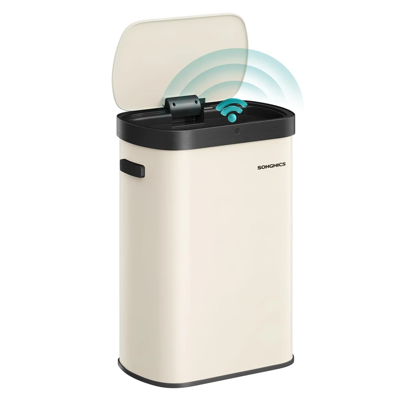 SONGMICS Motion Sensor Kitchen Bin, 13-Gallon (50 L) Automatic Rubbish Bin, Wave or Touch to Open, Soft Close Lid, Steel, Includes 15 Bags, Cream Colour LTB640AZ02