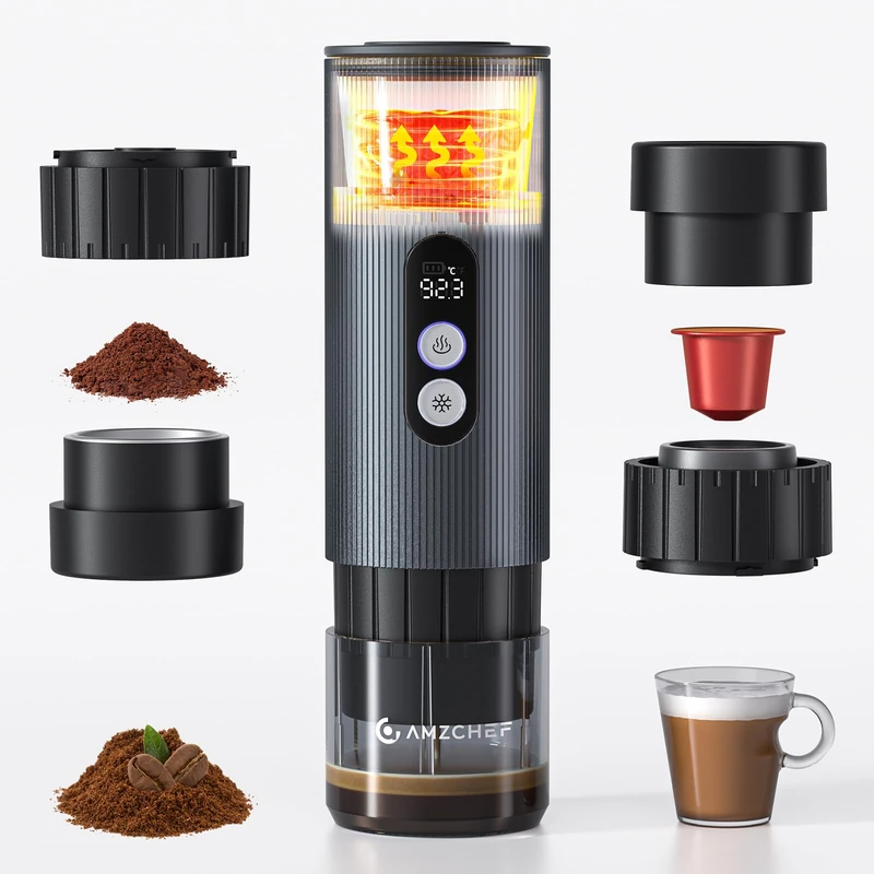 AMZCHEF Portable-Coffee-Maker-Travel, 2-IN-1 Camping Coffee Maker, Portable Espresso Machine 20 Bar, Self-Heating, USB-C, LCD Display, Classic Grey - Image 1
