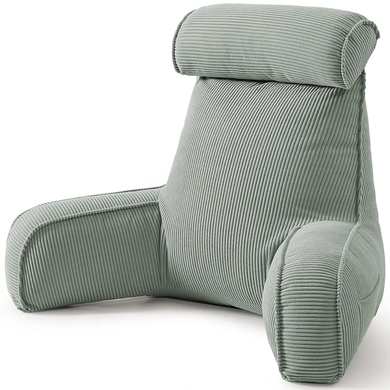 Ailuteie Corduroy Reading Pillow for Sitting Up, Bed Rest Pillow with Arms, Detachable Headrest, Side Pockets & Washable Cover, Back Support for Sofa Couch Relaxing, Grey Green