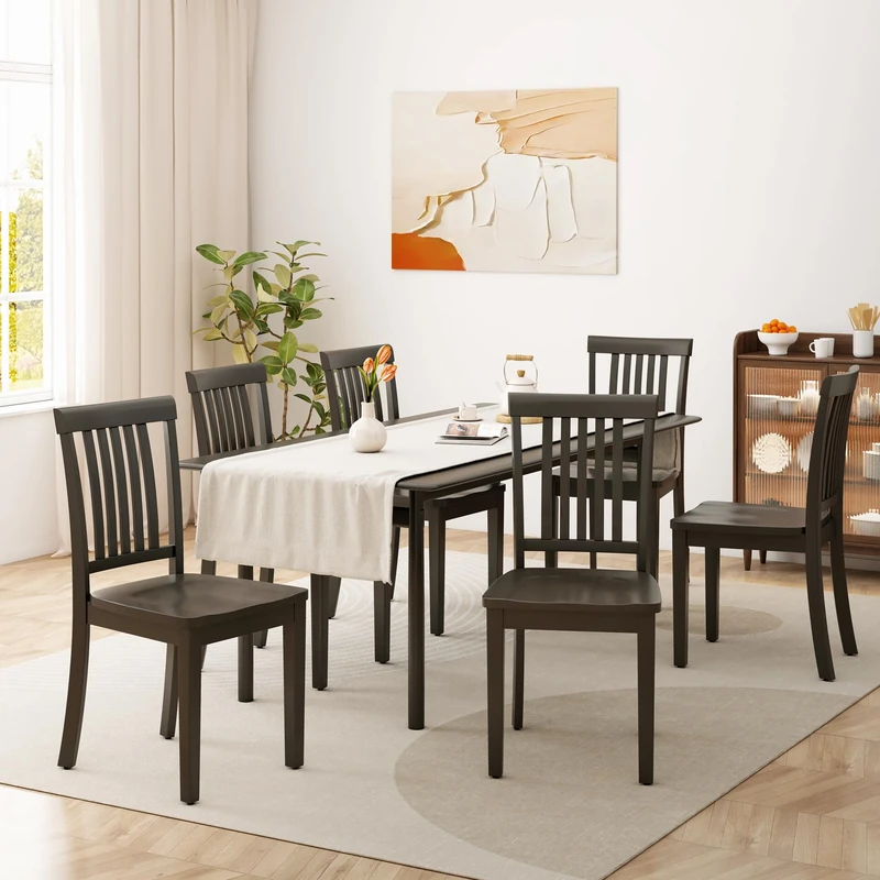 COLAMY Wooden Dining Chairs Set of 6, High Back Windsor Kitchen Chairs for Dining Room, Ergonomically Designed Saddle Contour Seat Follows the Natural Curve of Hips with Anti-Slip Pads, Dark Brown