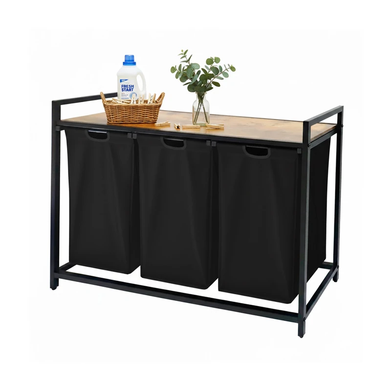 Relaxdays laundry sorter with 3 removable bags, wood-effect shelf, 150L capacity, 73.5x109.5x33cm, black/natural