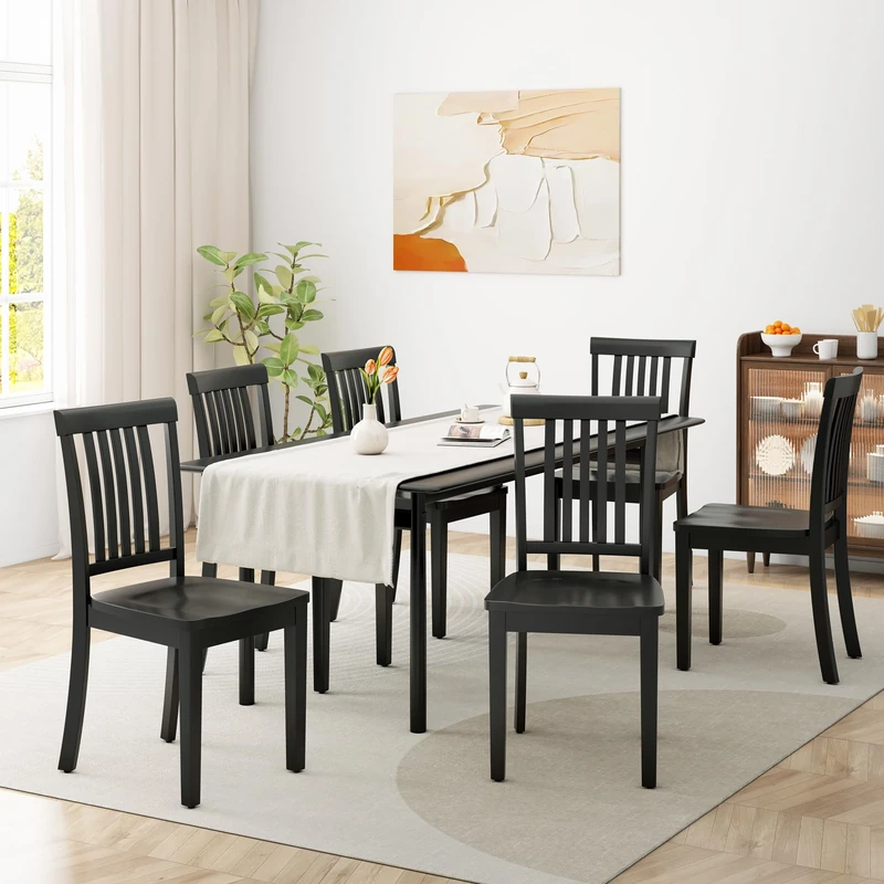 COLAMY Wooden Dining Chairs Set of 6, High Back Windsor Kitchen Chairs for Dining Room, Ergonomically Designed Saddle Contour Seat Follows the Natural Curve of Hips with Anti-Slip Pads, Black