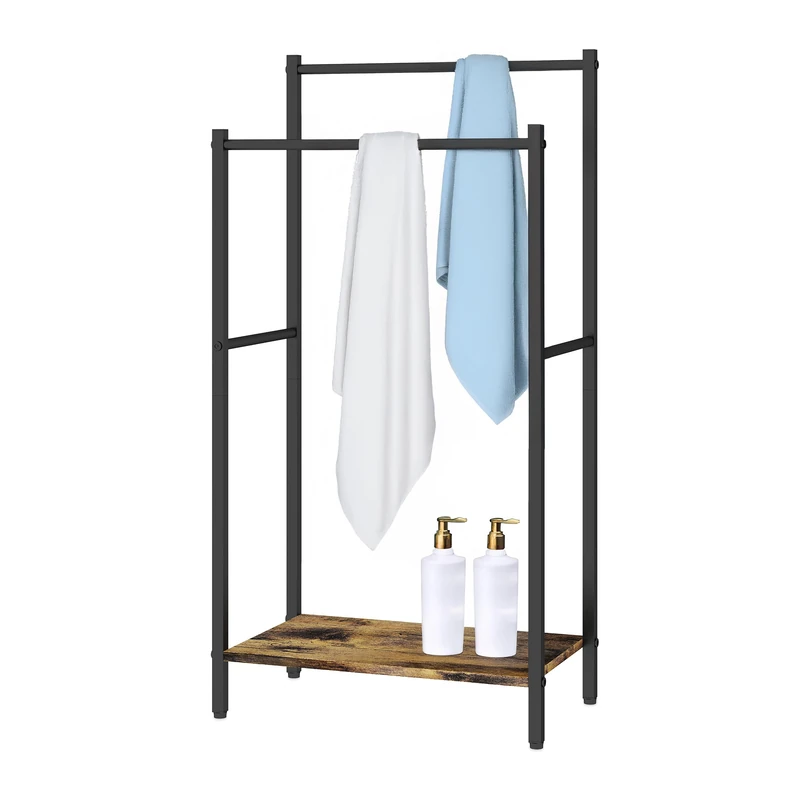 Relaxdays Freestanding Towel Rack with Shelf, 81.5x42x24 cm, Industrial, 2 Bars, Wood-Effect/Black