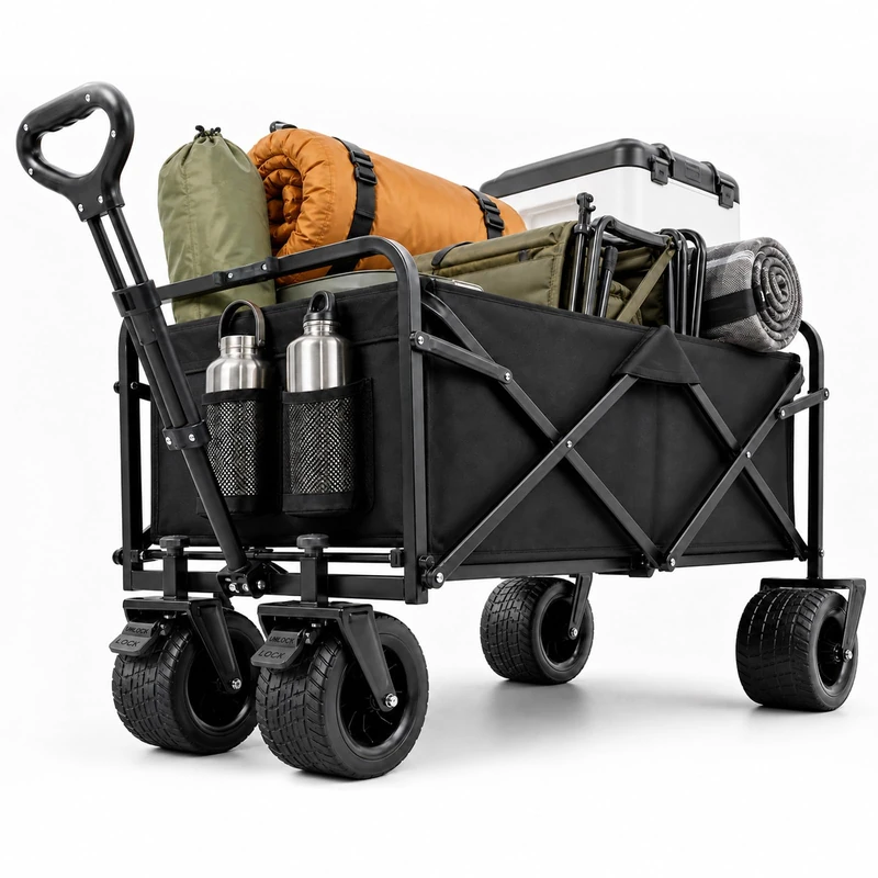 Handcart Foldable XXL with Brakes, 200L 160 kg All Terrain Hand Trolley - Extra Wide Tyres, Four Directions Foldable, Side Pocket & Drink Holder for Camping, Beach, Garden and Shopping, Black - Image 1