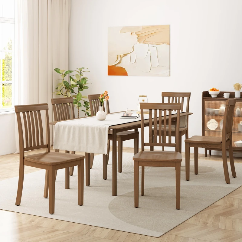 COLAMY Wooden Dining Chairs Set of 6, High Back Windsor Kitchen Chairs for Dining Room, Ergonomically Designed Saddle Contour Seat Follows the Natural Curve of Hips with Anti-Slip Pads, Light Brown
