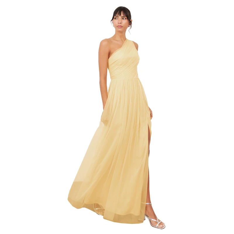 Anaya with Love Womens Ladies Maxi One Cold Shoulder Dress with Slit Split Sleeveless Prom Wedding Guest Bridesmaid Ball Evening Gown, Butter Yellow 22