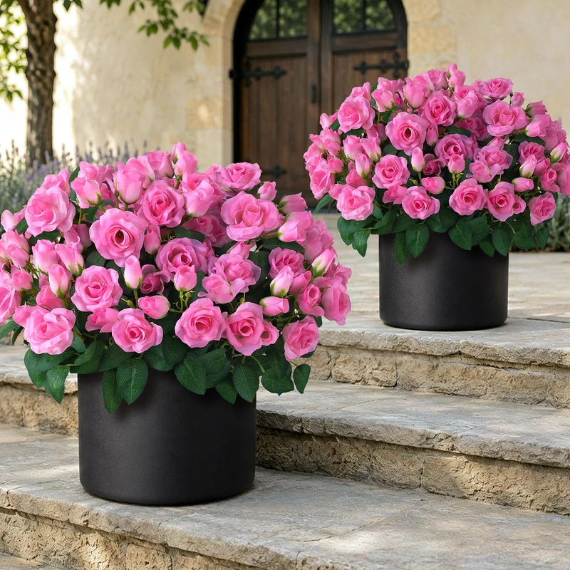 Juxdp 2Pcs 18" Artificial Rose Topiary Tree, Silk Flower Potted Plant(Pink)