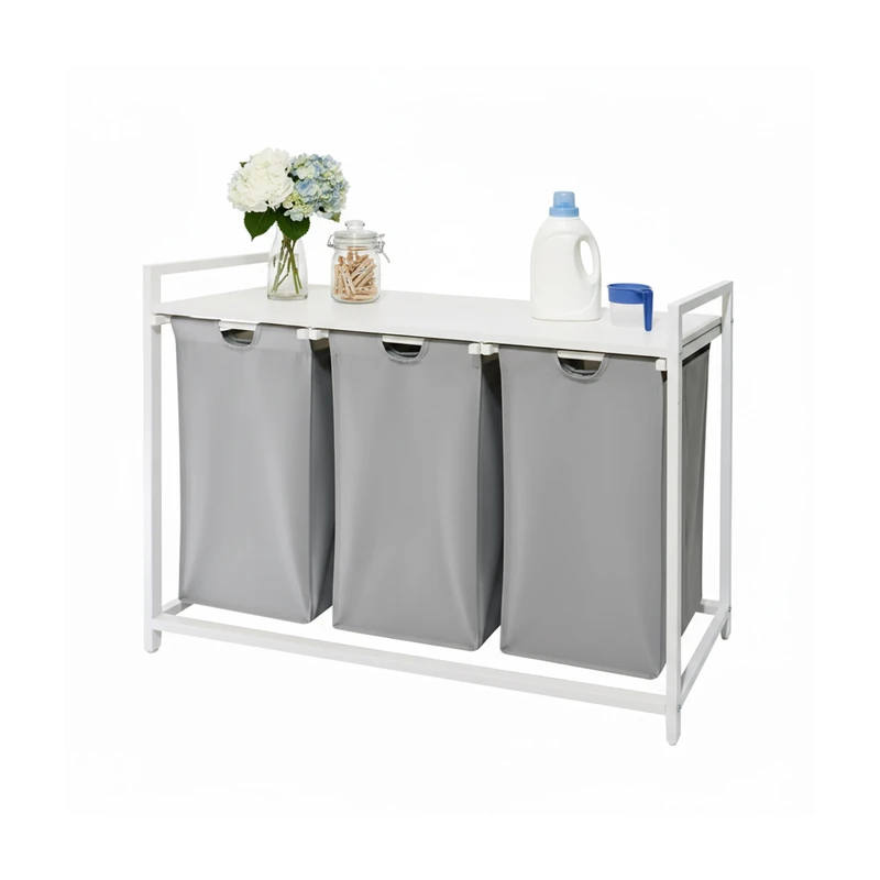 Relaxdays Laundry Hamper with 3 Removable Bags, 150L, Wood-Effect Shelf, 73.5x109.5x33cm, Grey/White