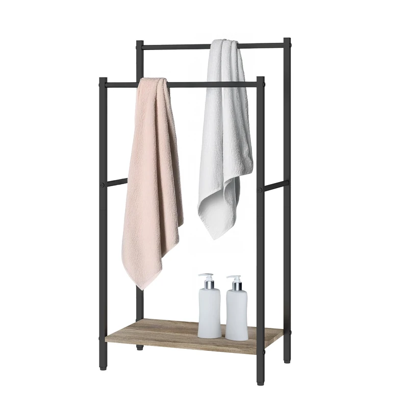 Relaxdays Freestanding Towel Rack with Shelf, Wood Effect, 81.5x42x24 cm, Natural/Black
