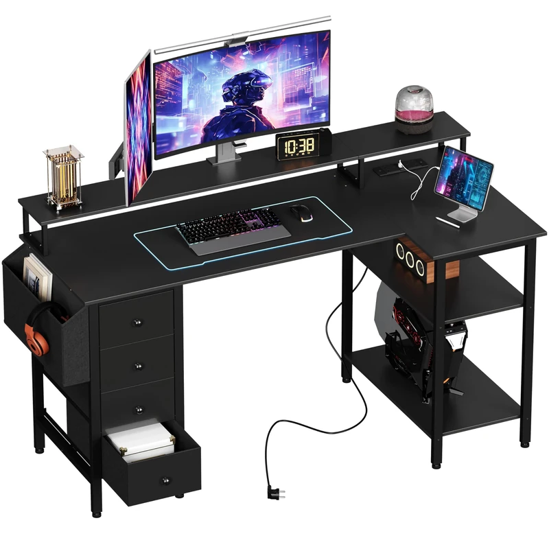 Yaheetech L Shaped Gaming Desk with Drawers, 140x70cm Computer Desk with Power Outlets, Corner Desk with Raised Monitor Stand, Reversible Storage Shelves for Home Office, Black