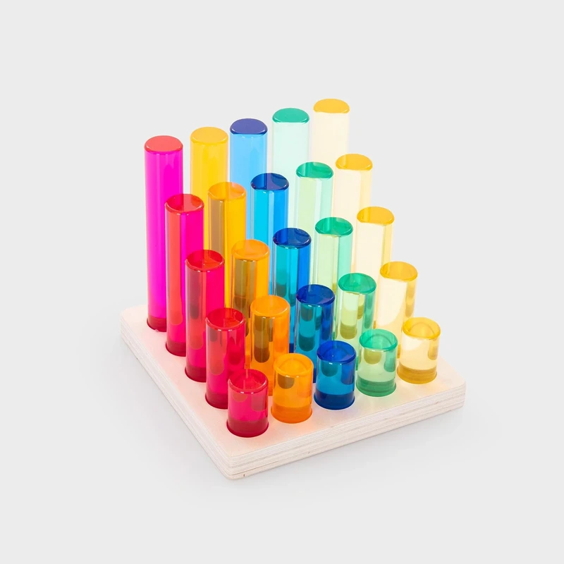 tickit Graduated Gem Columns Play Set with Wooden Storage Tray – 25 Translucent Acrylic Cylinders for Stacking, Colour Mixing, Measurement, Construction & Sensory Learning