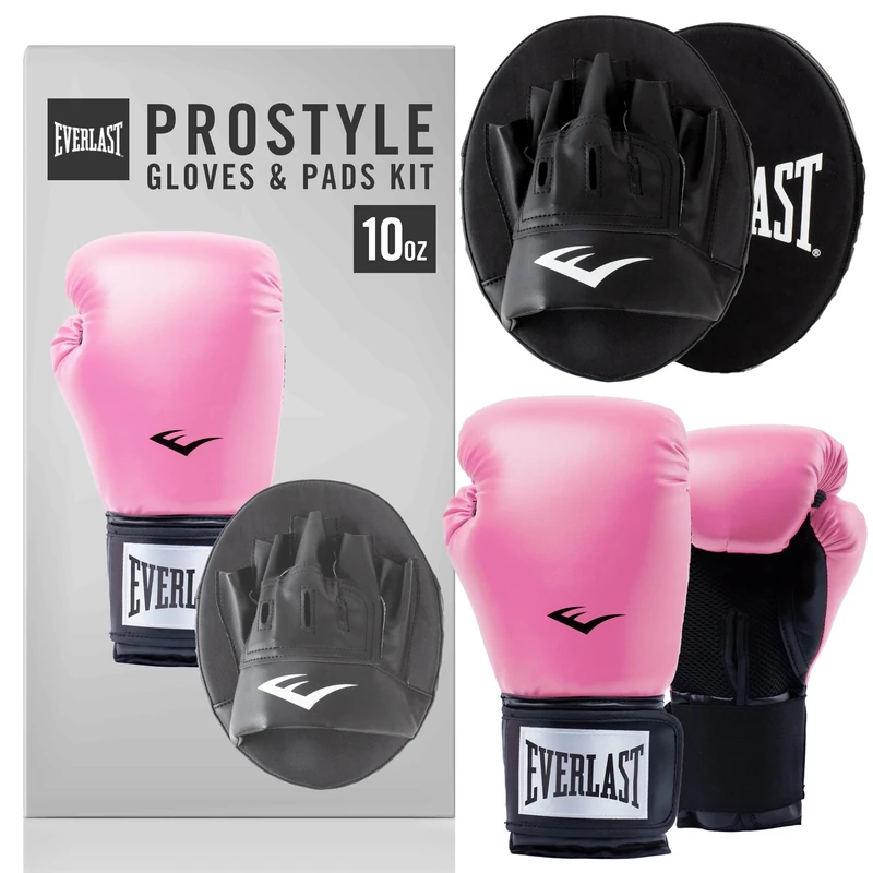 Everlast Prostyle 2 10oz Boxing Gloves and Pads Kit, Pink Boxing Gloves for Bags and Mitt Work, Foam Padded Boxing Pads and Gloves - Authentic Everlast Gear