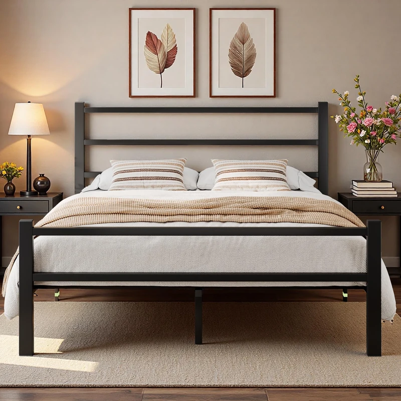 Feonase Double Bed Frame, Metal Platform Bed Frame, Double Beds Solid Bedstead Base with Headboard and Footboard, Sturdy Steel Construction, Under-bed Storage, Easy Assembly, Noise Free, Black