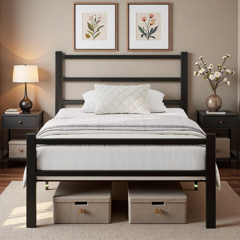 Feonase Single Bed Frame, Metal Platform Bed Frame, Single Beds Solid Bedstead Base with Headboard and Footboard, Sturdy Steel Construction, Under-bed Storage, Easy Assembly, Noise Free, Black