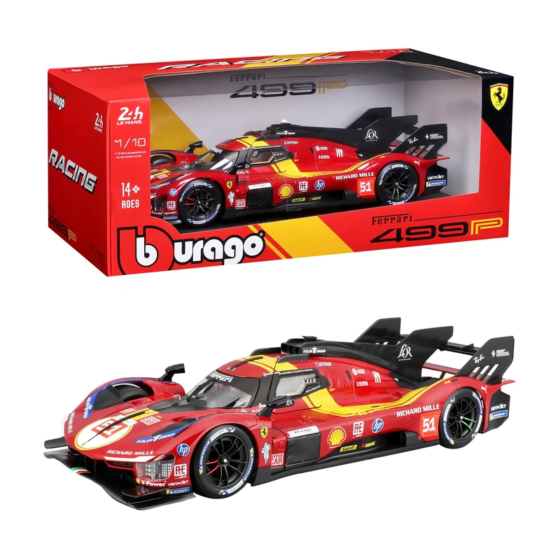 Bburago - Ferrari 499P 24H LMH Hypercar 2025#51, 1:18 Scale Diecast Car, Detailed Replica with Opening Doors, Official Ferrari Livery, Recommended Age 14+ Years