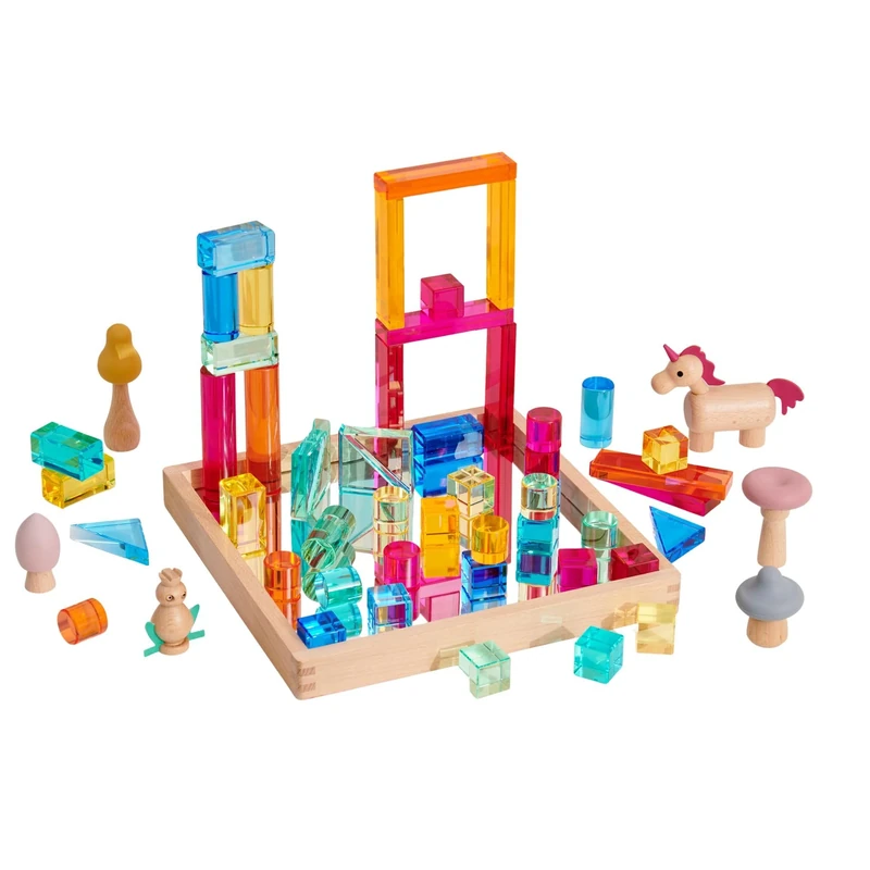 tickit Wooden Building Blocks & Crystal Gem Cubes Construction Set with Storage Tray – Mixed Shape Blocks for Stacking, Balance, Architecture, Small World & Creative Play